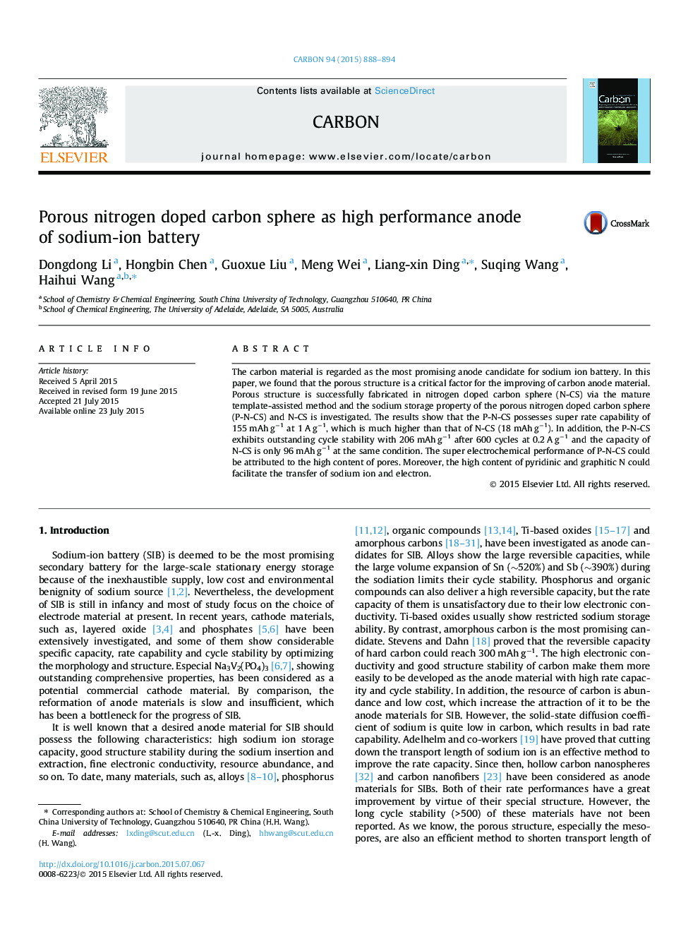 Porous nitrogen doped carbon sphere as high performance anode of sodium-ion battery