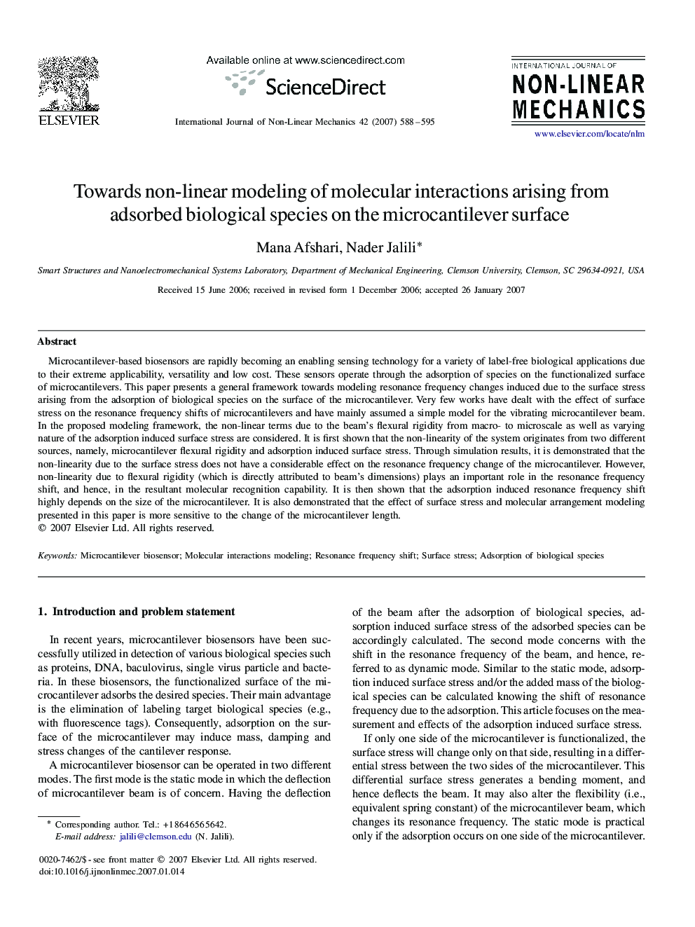 Towards non-linear modeling of molecular interactions arising from adsorbed biological species on the microcantilever surface