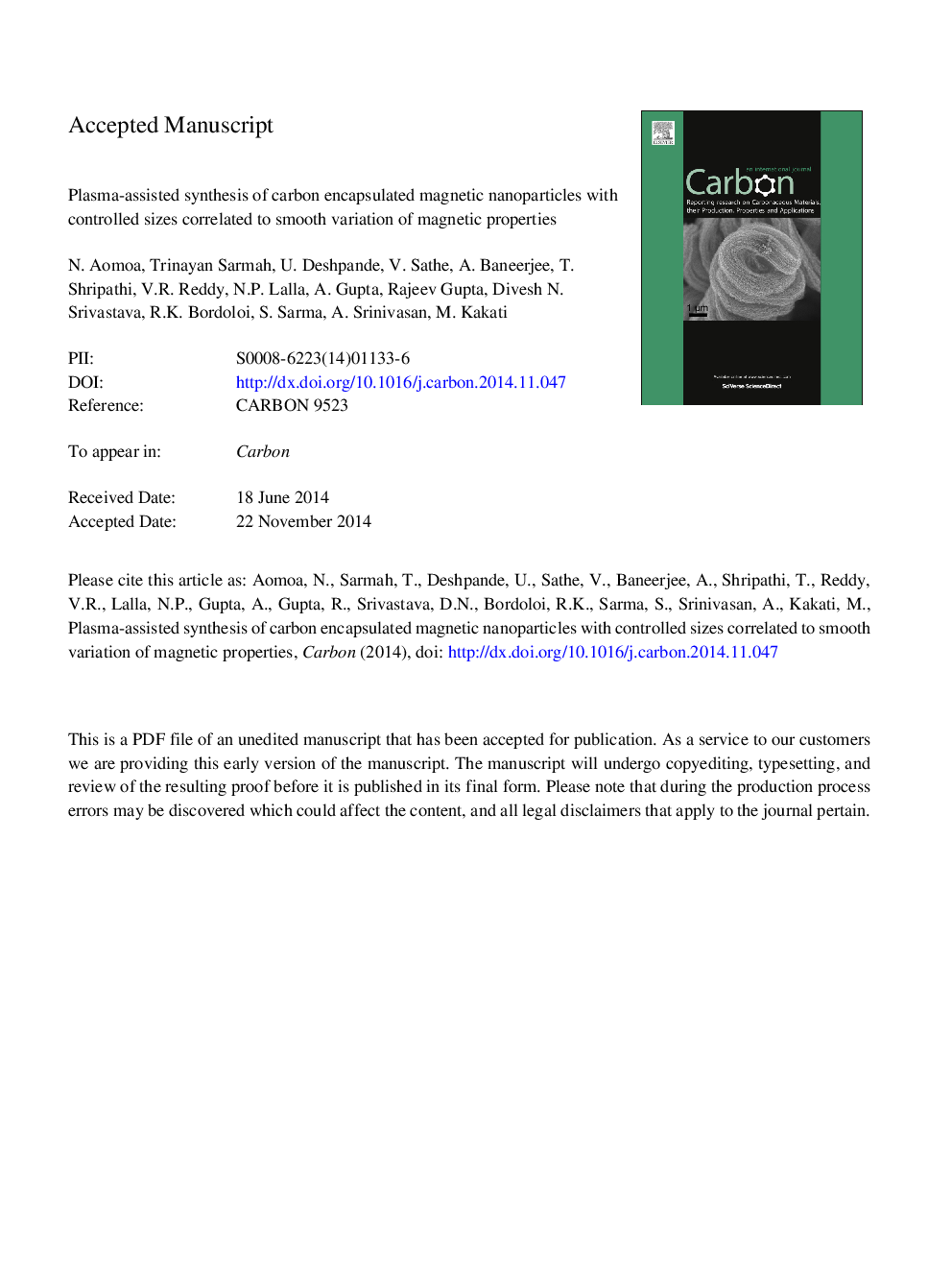سنتز نانوذرات مغناطیسی کربن با اندازه های کنترل شده با تغییرات صاف خواص مغناطیسی با استفاده از پلاسما 