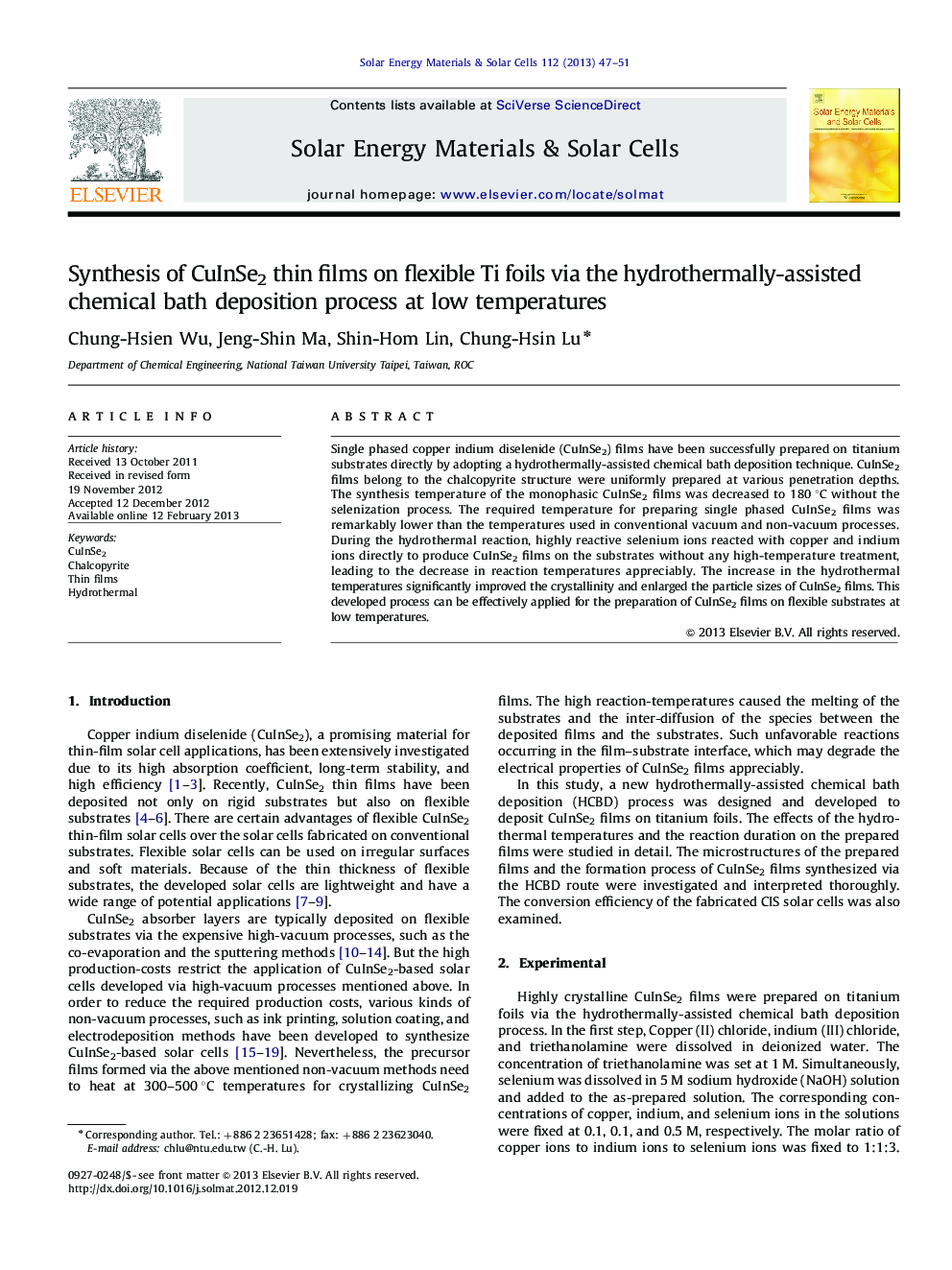 Synthesis of CuInSe2 thin films on flexible Ti foils via the hydrothermally-assisted chemical bath deposition process at low temperatures