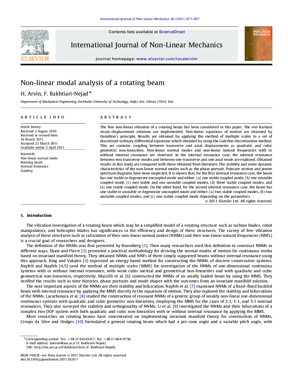 Non-linear modal analysis of a rotating beam