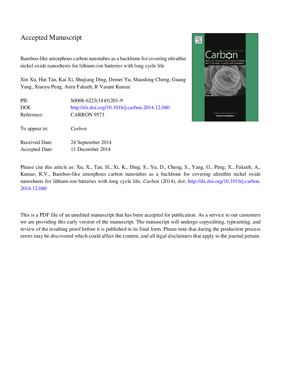 نانولوله های کربنی آمورف مانند بامبو مانند در نانوساختارهای اکسید نیکل برای الکترود باتری لیتیوم یونی با زندگی چرخه طولانی 