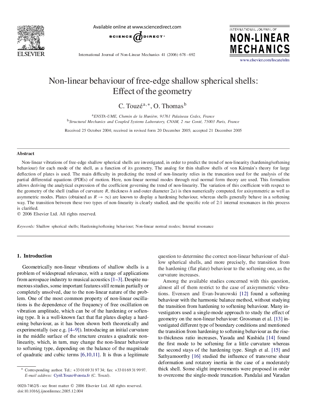 Non-linear behaviour of free-edge shallow spherical shells: Effect of the geometry