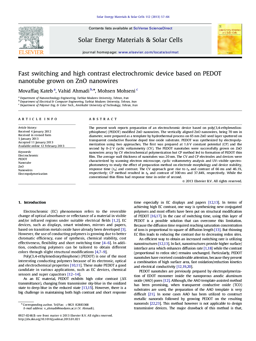 Fast switching and high contrast electrochromic device based on PEDOT nanotube grown on ZnO nanowires