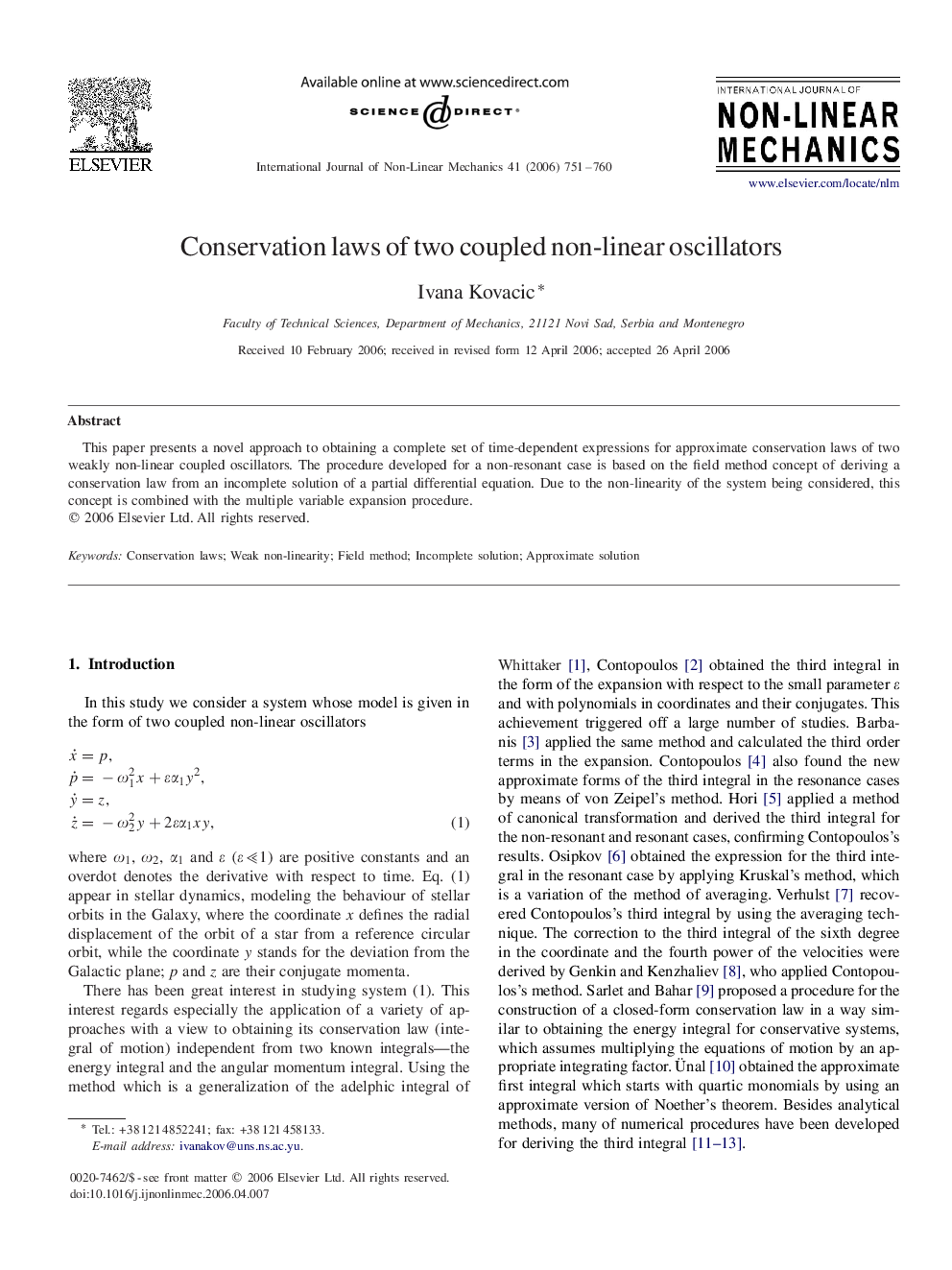 Conservation laws of two coupled non-linear oscillators