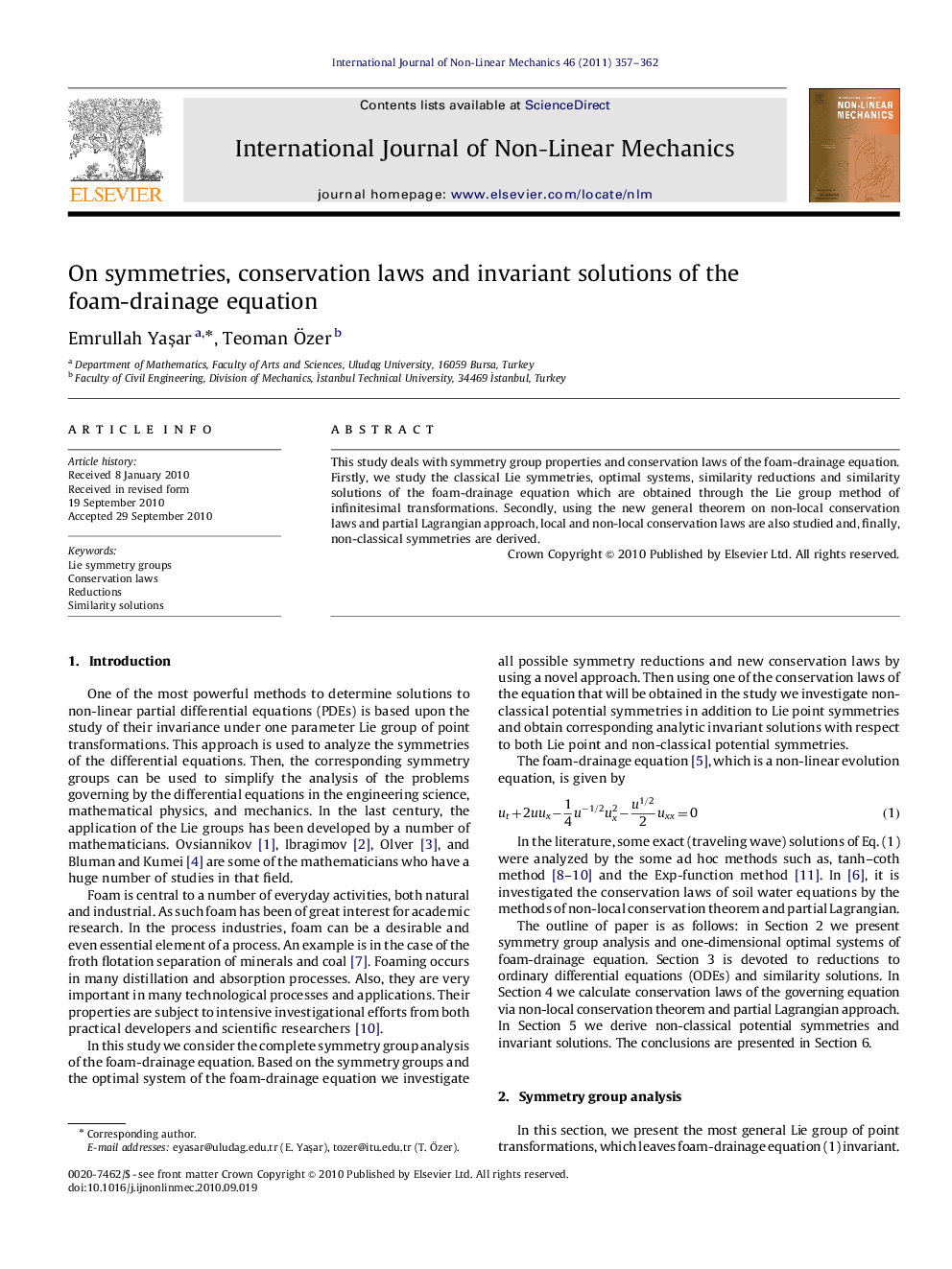 On symmetries, conservation laws and invariant solutions of the foam-drainage equation