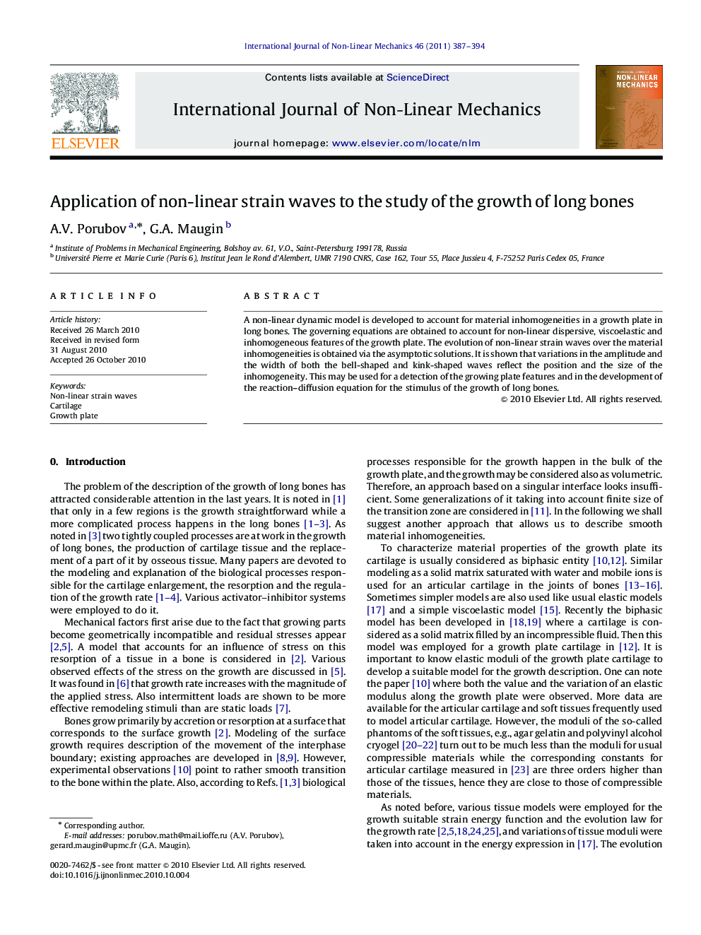 Application of non-linear strain waves to the study of the growth of long bones