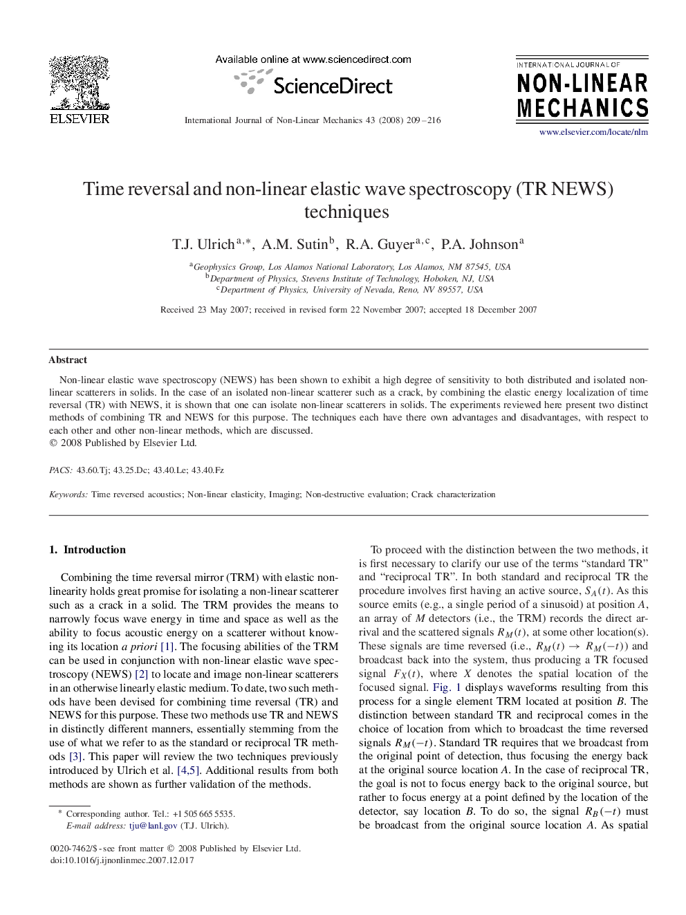 Time reversal and non-linear elastic wave spectroscopy (TR NEWS) techniques