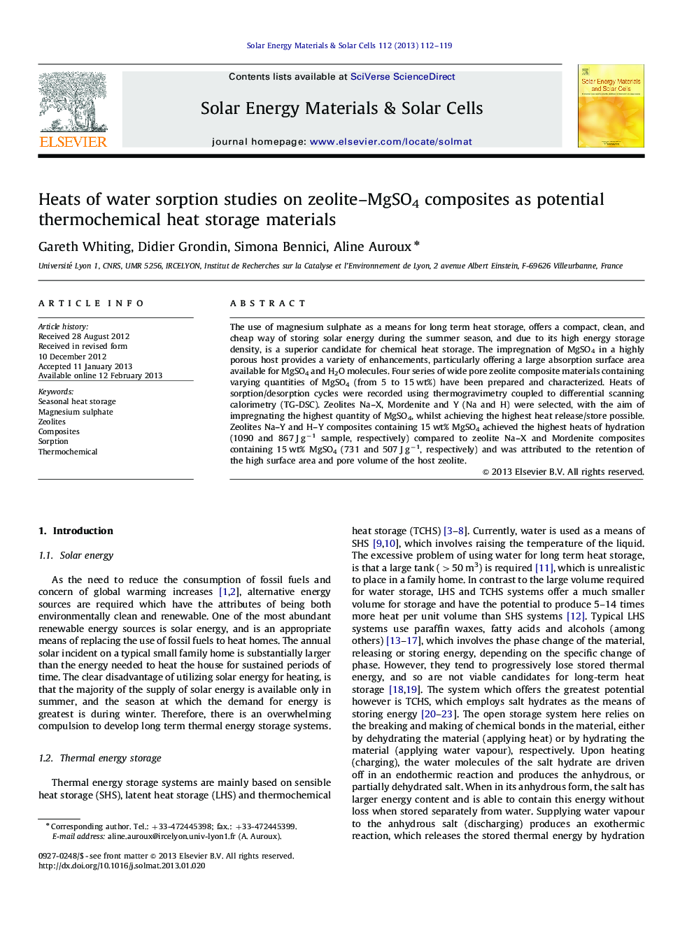 Heats of water sorption studies on zeolite–MgSO4 composites as potential thermochemical heat storage materials