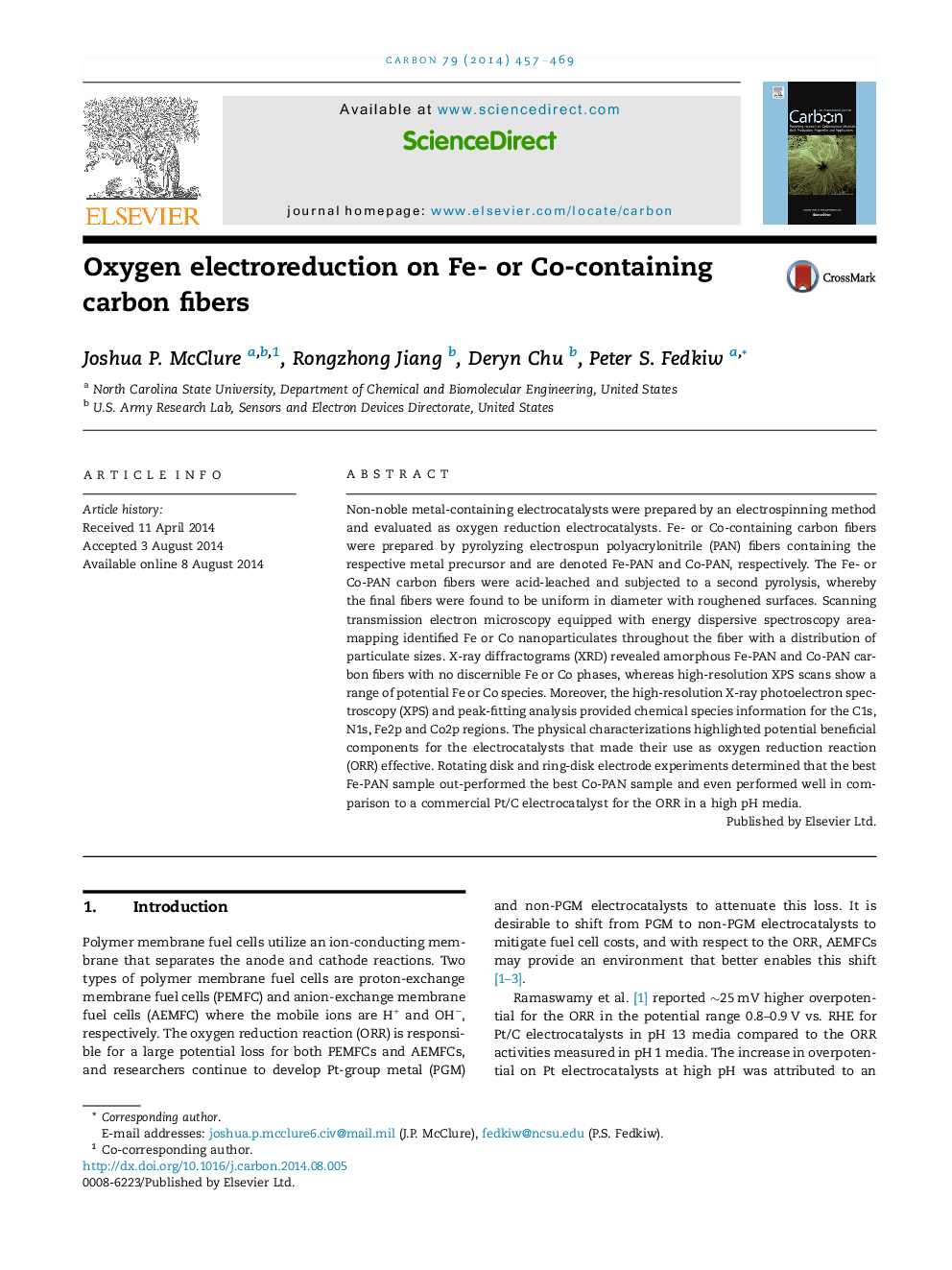 عکس صفحه اول مقاله: Oxygen electroreduction on Fe- or Co-containing carbon fibers Oxygen electroreduction on Fe- or Co-containing carbon fibers