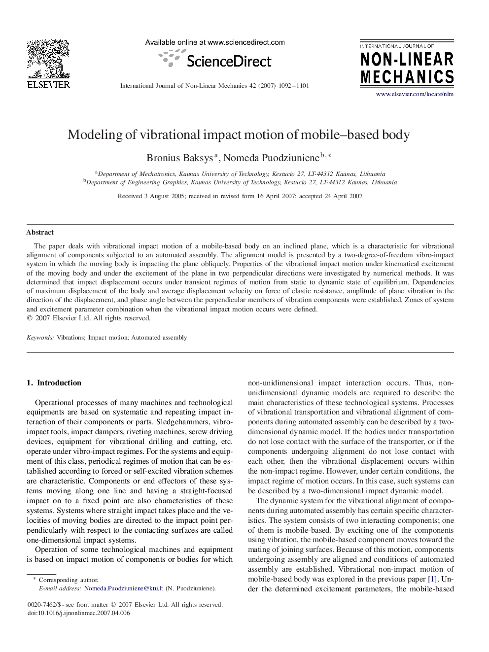 Modeling of vibrational impact motion of mobile–based body