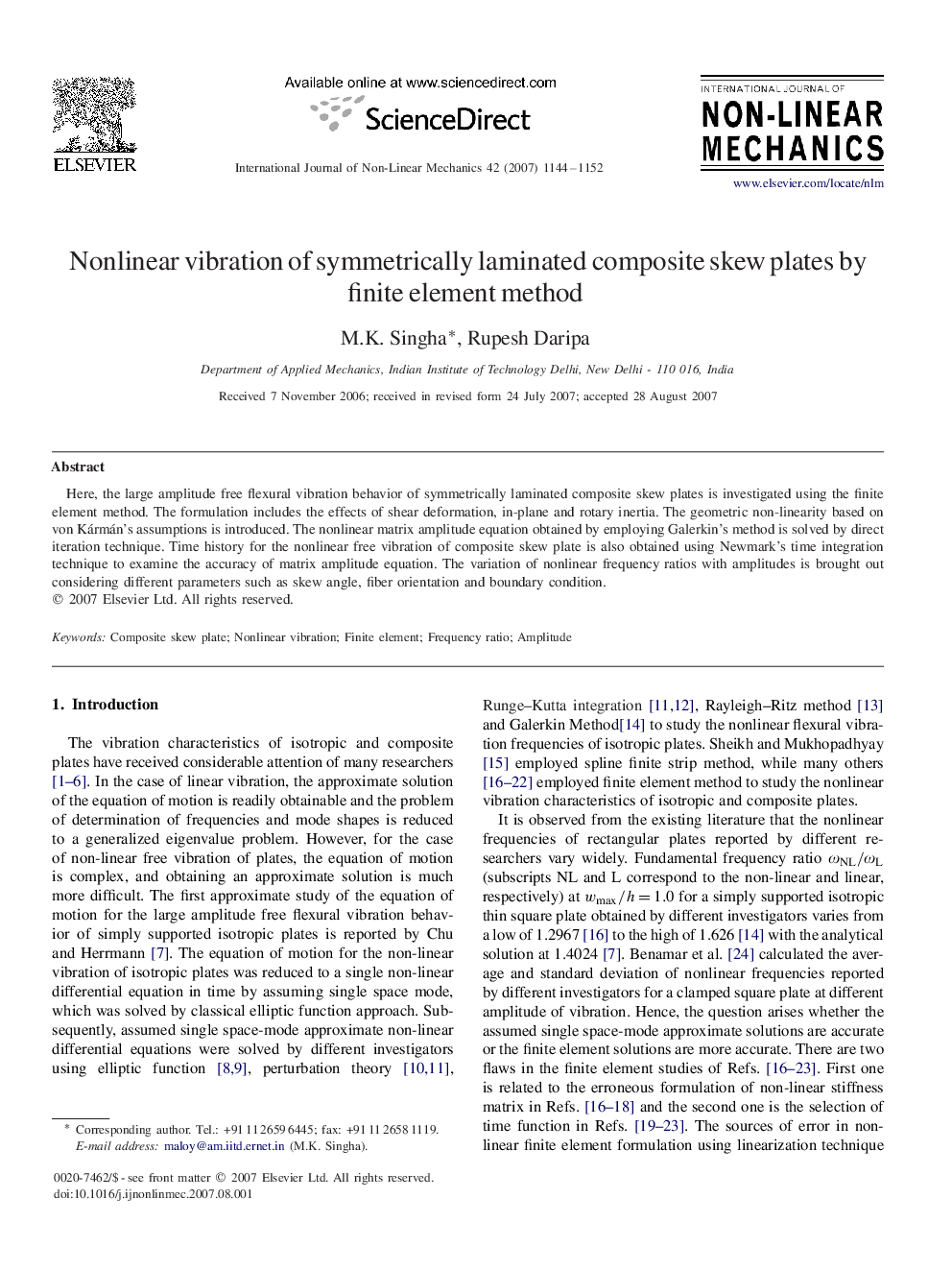 Nonlinear vibration of symmetrically laminated composite skew plates by finite element method