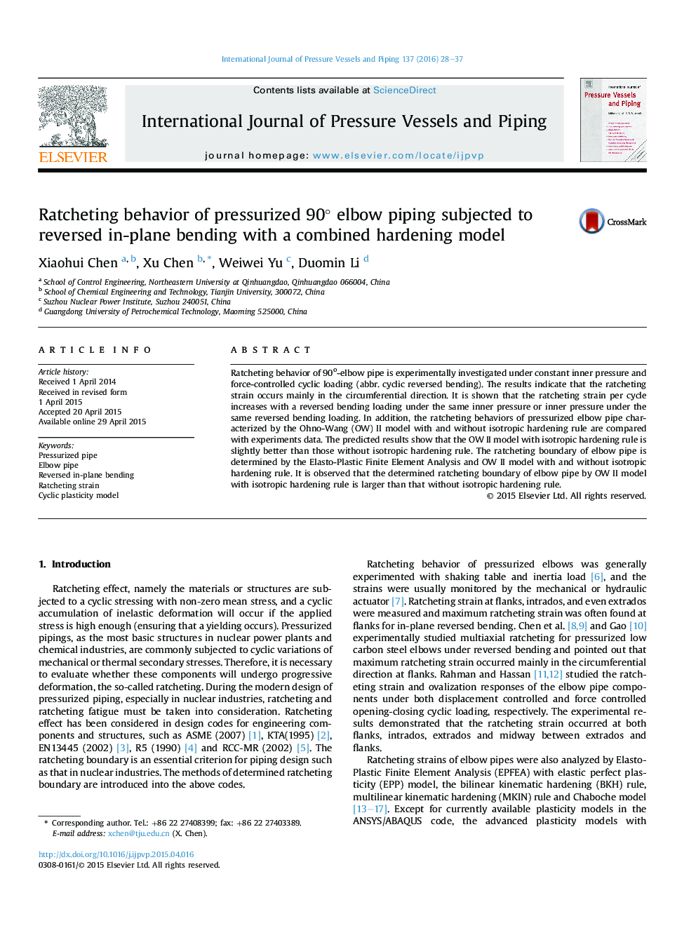 Ratcheting behavior of pressurized 90° elbow piping subjected to reversed in-plane bending with a combined hardening model