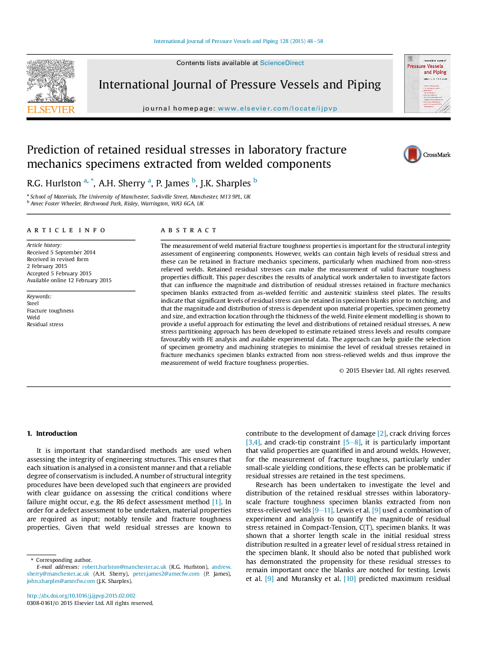 Prediction of retained residual stresses in laboratory fracture mechanics specimens extracted from welded components