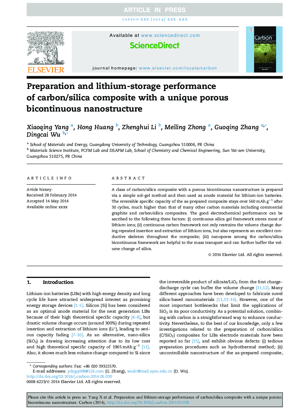 عکس صفحه اول مقاله: Preparation and lithium-storage performance of carbon/silica composite with a unique porous bicontinuous nanostructure Preparation and lithium-storage performance of carbon/silica composite with a unique porous bicontinuous nanostructure