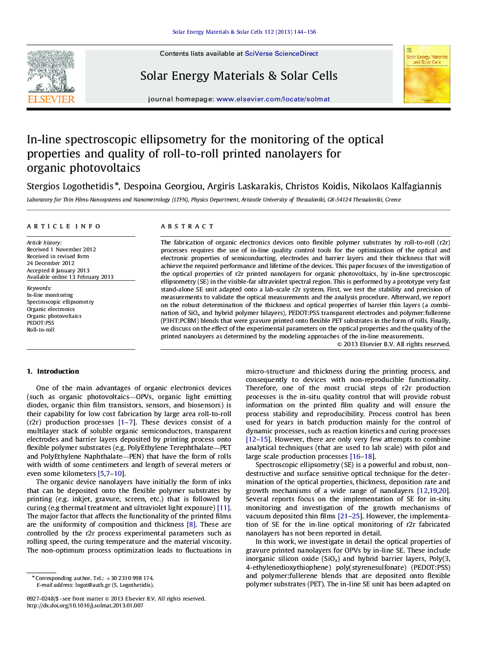 In-line spectroscopic ellipsometry for the monitoring of the optical properties and quality of roll-to-roll printed nanolayers for organic photovoltaics