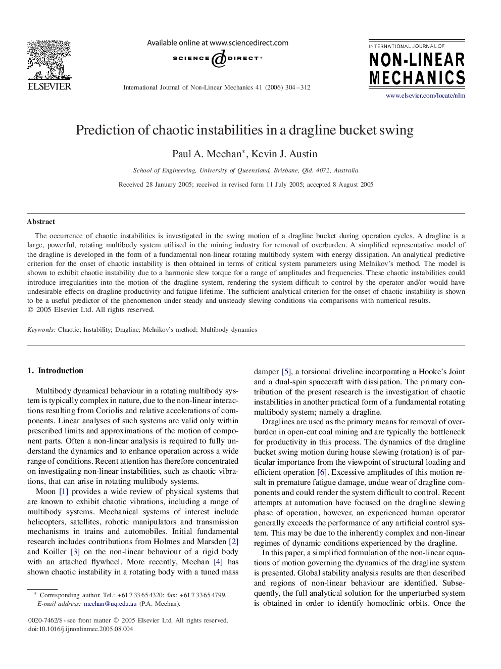 Prediction of chaotic instabilities in a dragline bucket swing