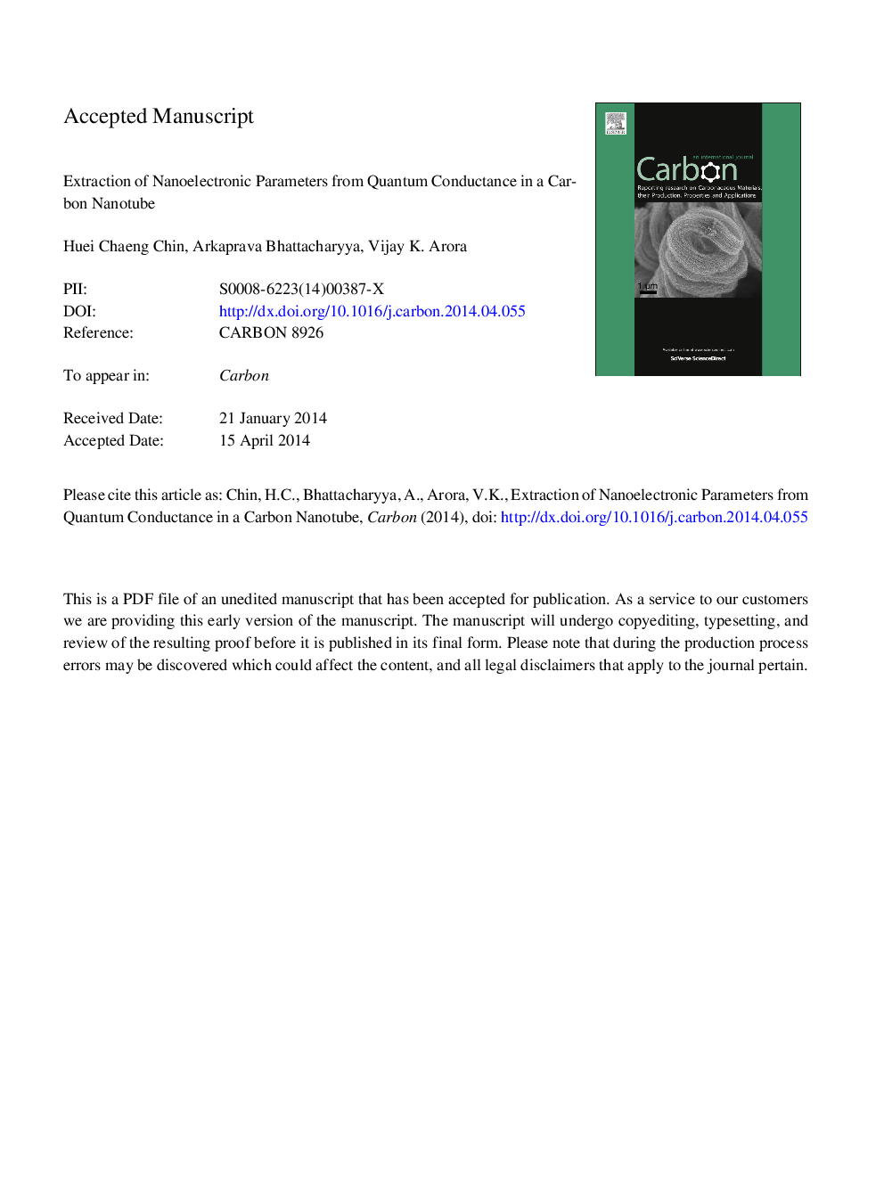 Extraction of nanoelectronic parameters from quantum conductance in a carbon nanotube