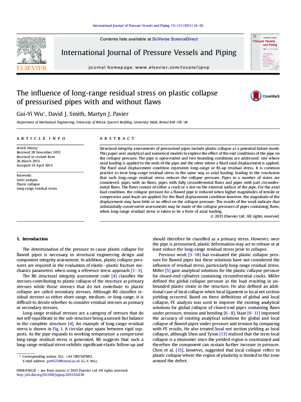 The influence of long-range residual stress on plastic collapse of pressurised pipes with and without flaws