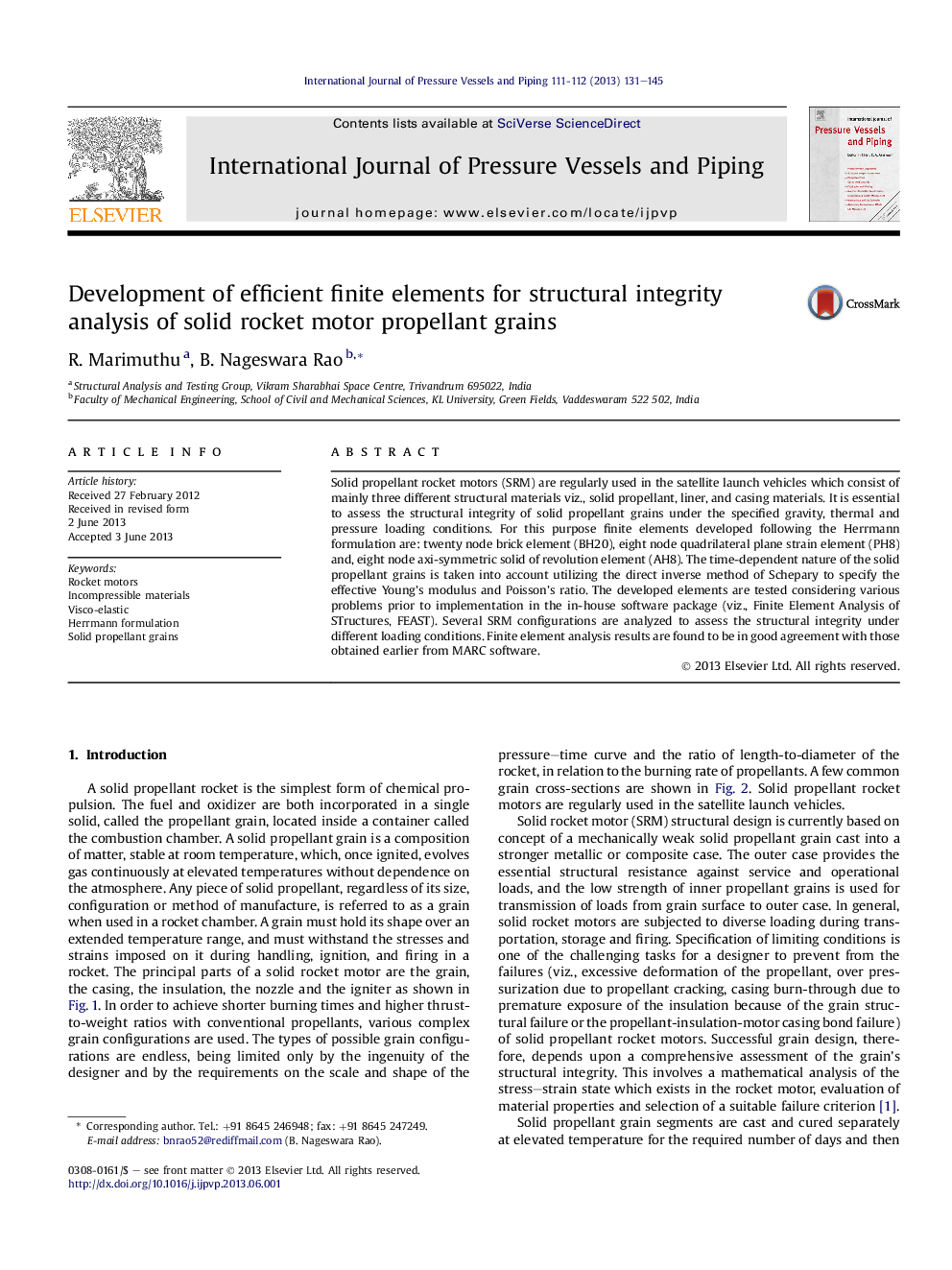 Development of efficient finite elements for structural integrity analysis of solid rocket motor propellant grains