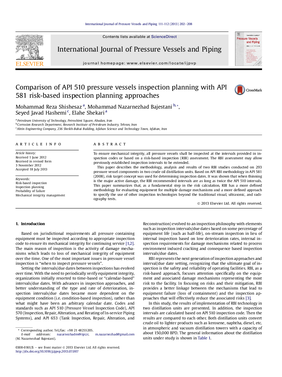 Comparison of API 510 pressure vessels inspection planning with API 581 risk-based inspection planning approaches