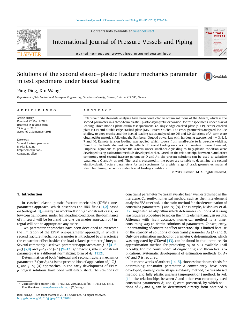 Solutions of the second elastic–plastic fracture mechanics parameter in test specimens under biaxial loading