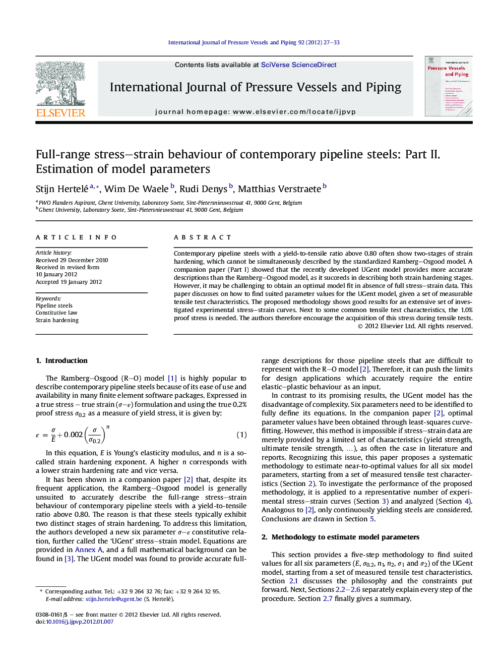 Full-range stress–strain behaviour of contemporary pipeline steels: Part II. Estimation of model parameters