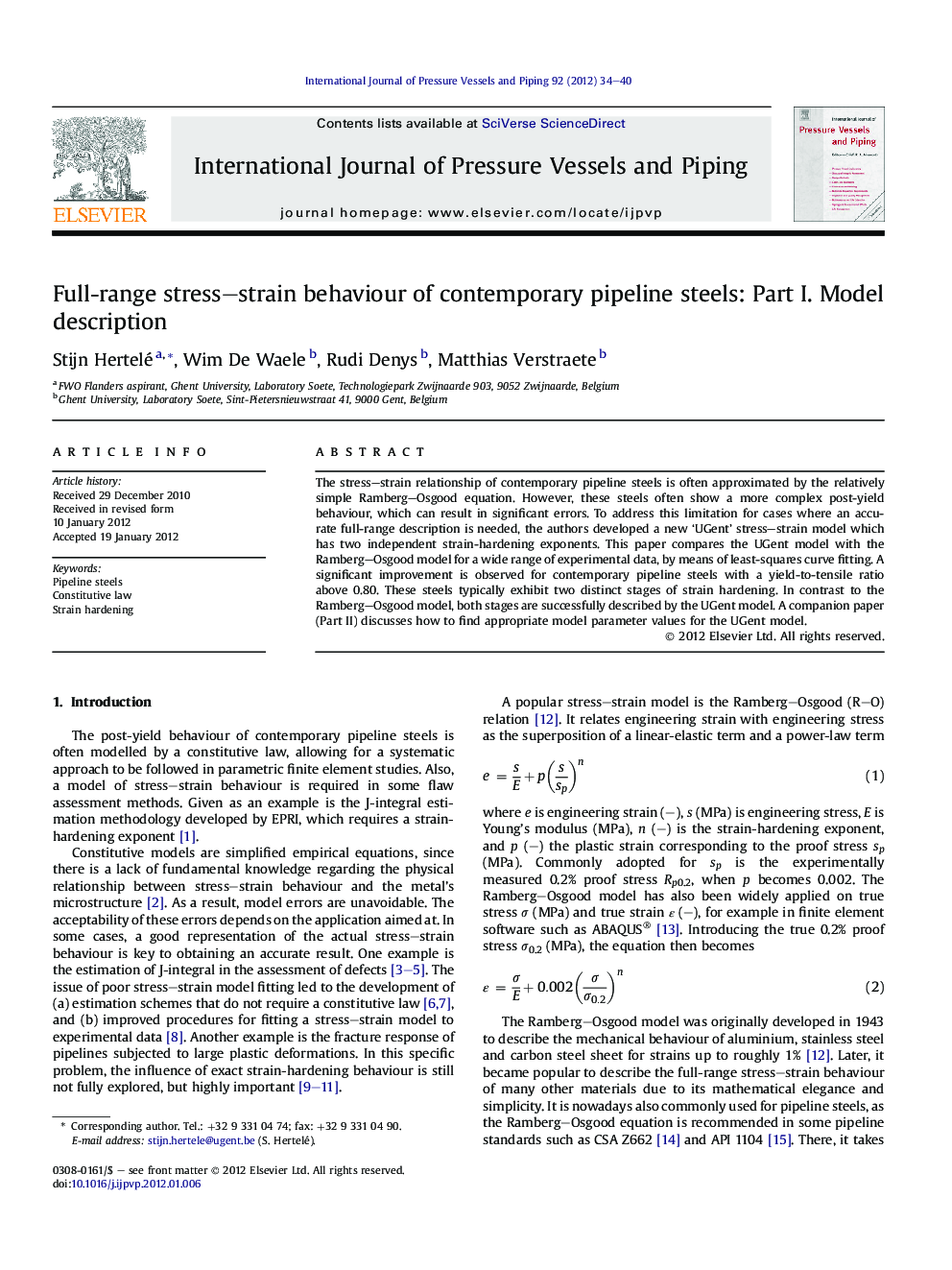 Full-range stress–strain behaviour of contemporary pipeline steels: Part I. Model description