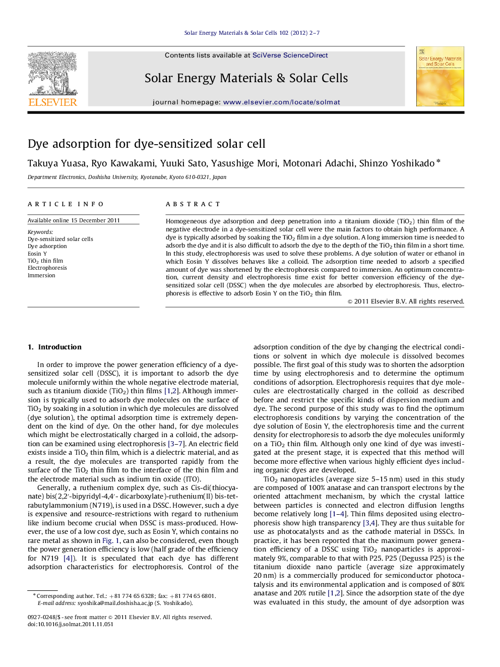 Dye adsorption for dye-sensitized solar cell