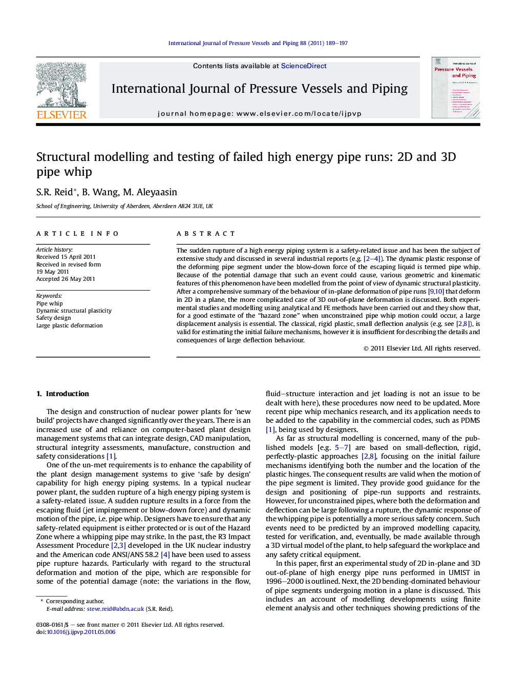 Structural modelling and testing of failed high energy pipe runs: 2D and 3D pipe whip