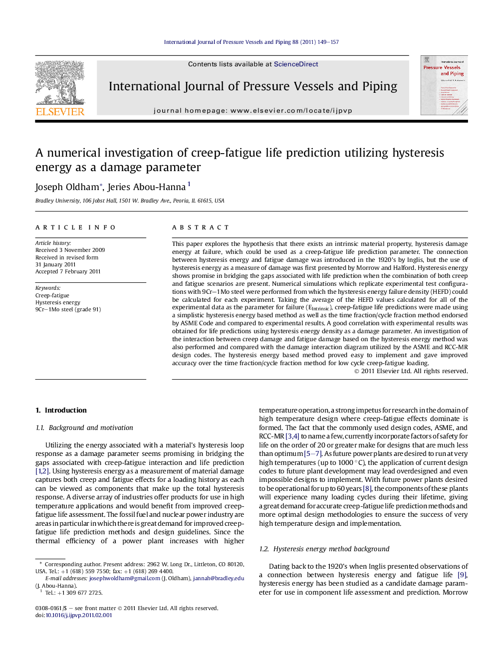 A numerical investigation of creep-fatigue life prediction utilizing hysteresis energy as a damage parameter