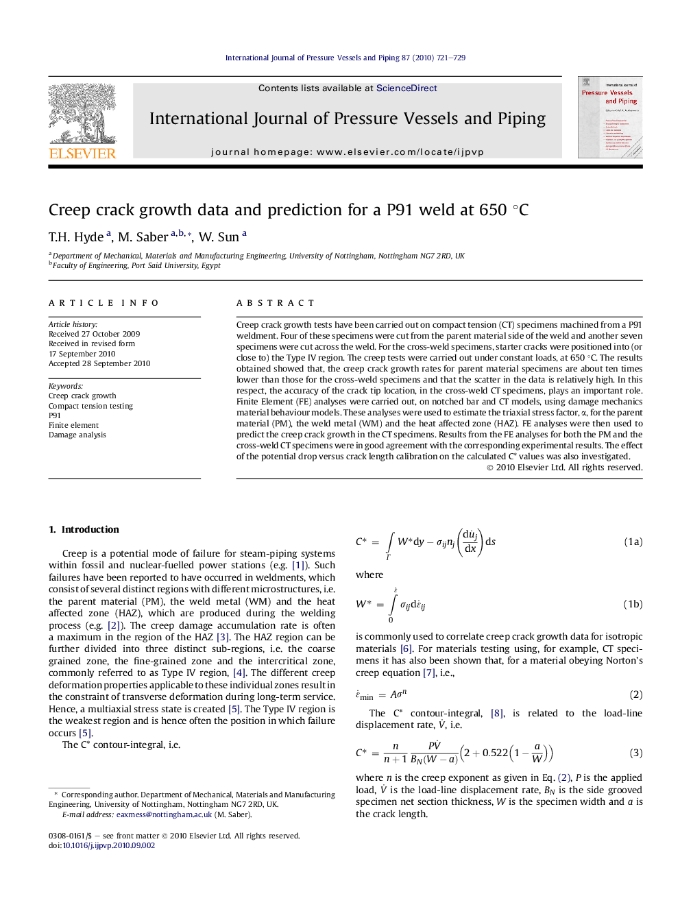 Creep crack growth data and prediction for a P91 weld at 650 °C