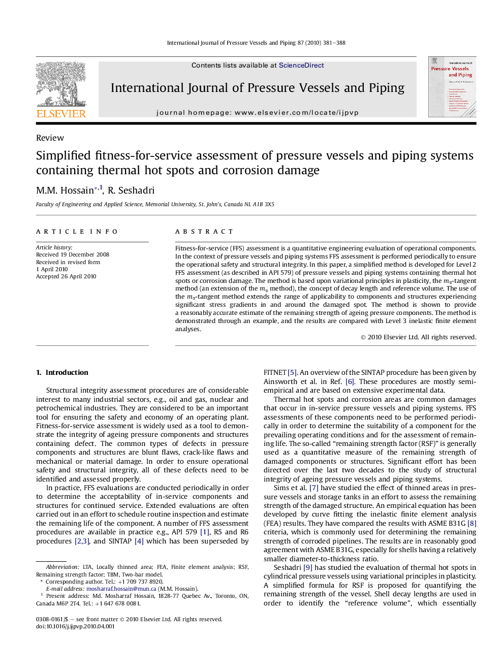 Simplified fitness-for-service assessment of pressure vessels and piping systems containing thermal hot spots and corrosion damage