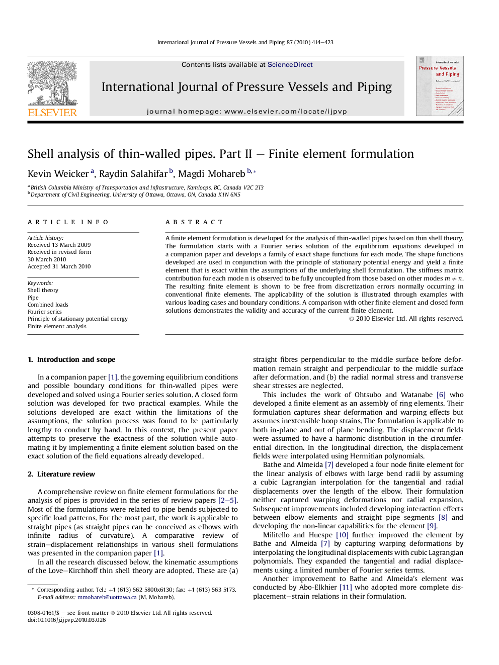 عکس صفحه اول مقاله: Shell analysis of thin-walled pipes. Part II – Finite element formulation Shell analysis of thin-walled pipes. Part II – Finite element formulation