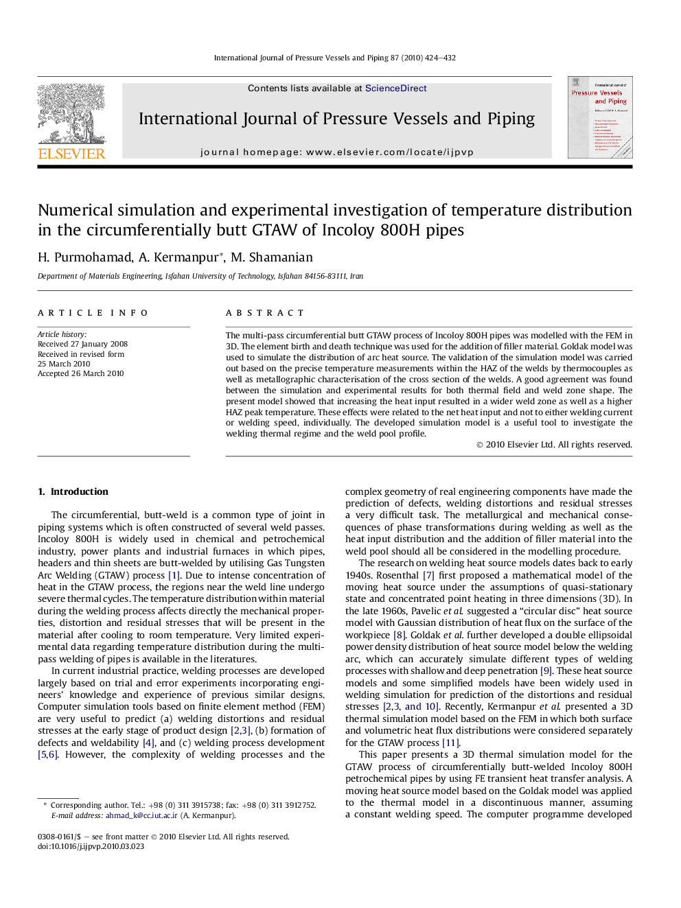 Numerical simulation and experimental investigation of temperature distribution in the circumferentially butt GTAW of Incoloy 800H pipes