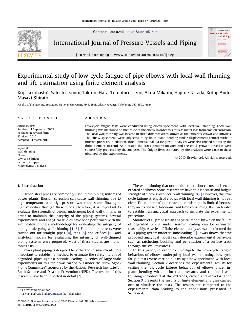 Experimental study of low-cycle fatigue of pipe elbows with local wall thinning and life estimation using finite element analysis