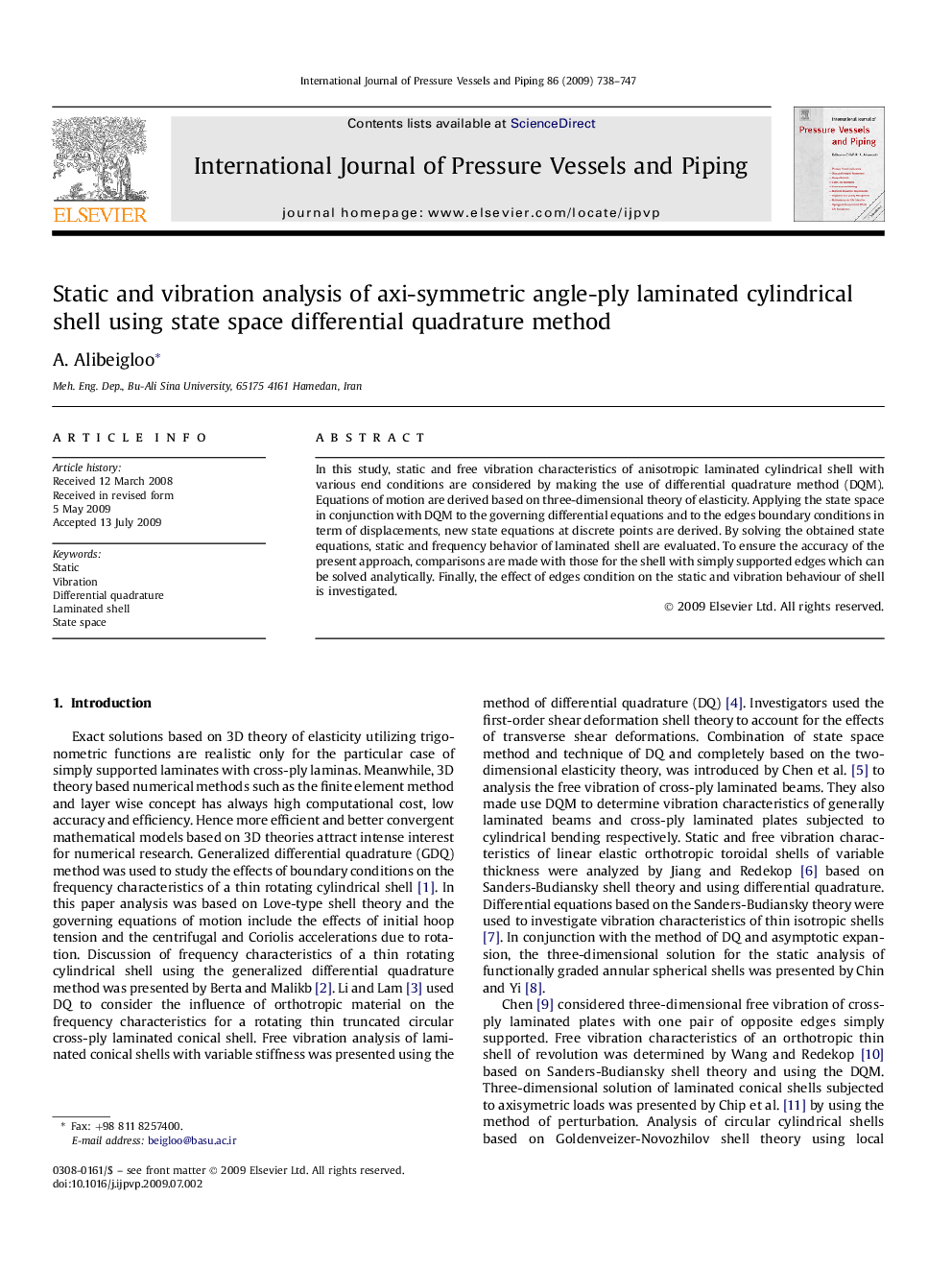 Static and vibration analysis of axi-symmetric angle-ply laminated cylindrical shell using state space differential quadrature method