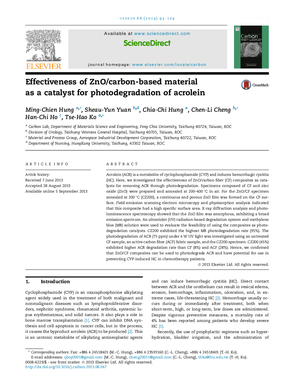 Effectiveness of ZnO/carbon-based material as a catalyst for photodegradation of acrolein