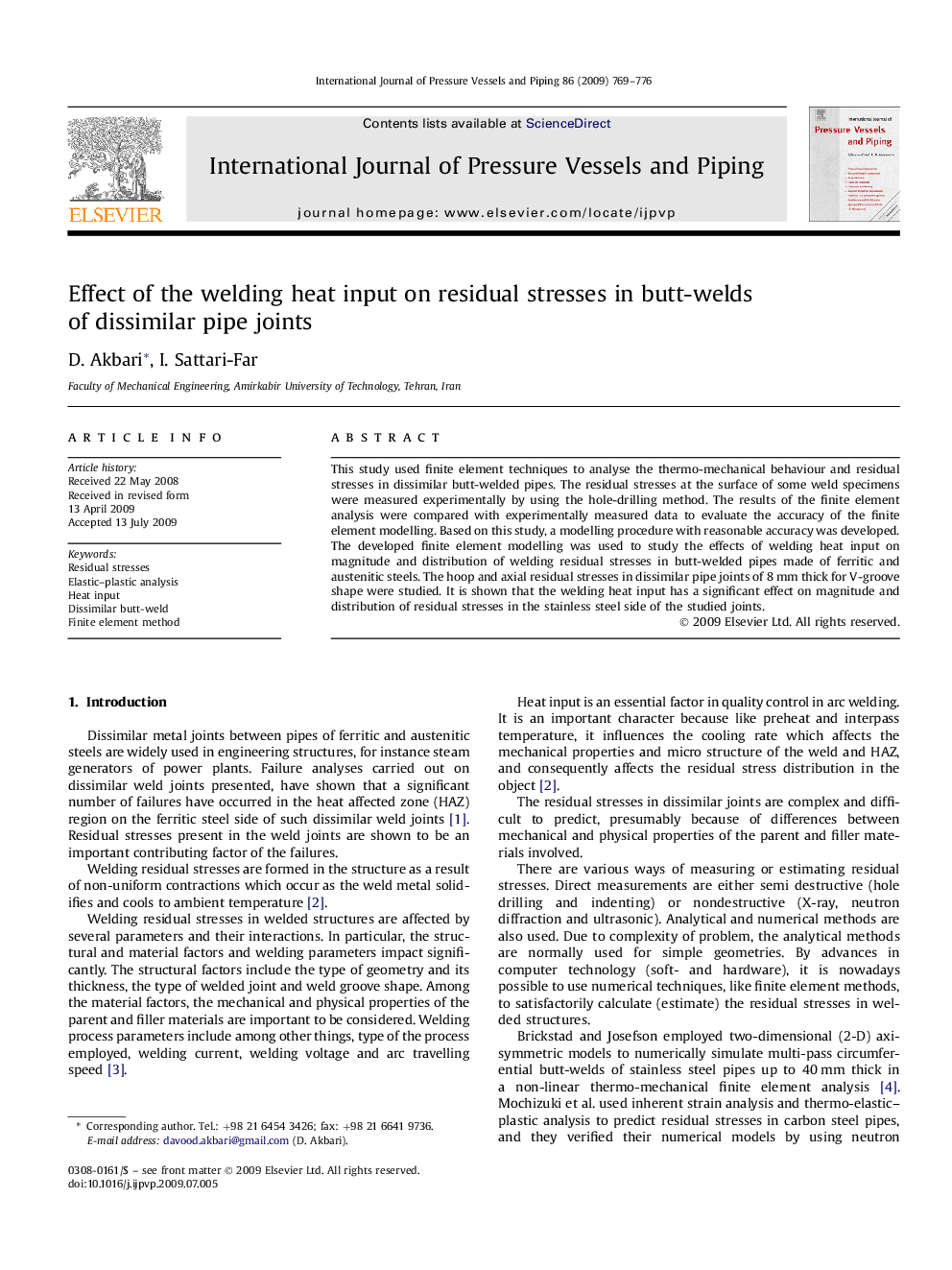 Effect of the welding heat input on residual stresses in butt-welds of dissimilar pipe joints