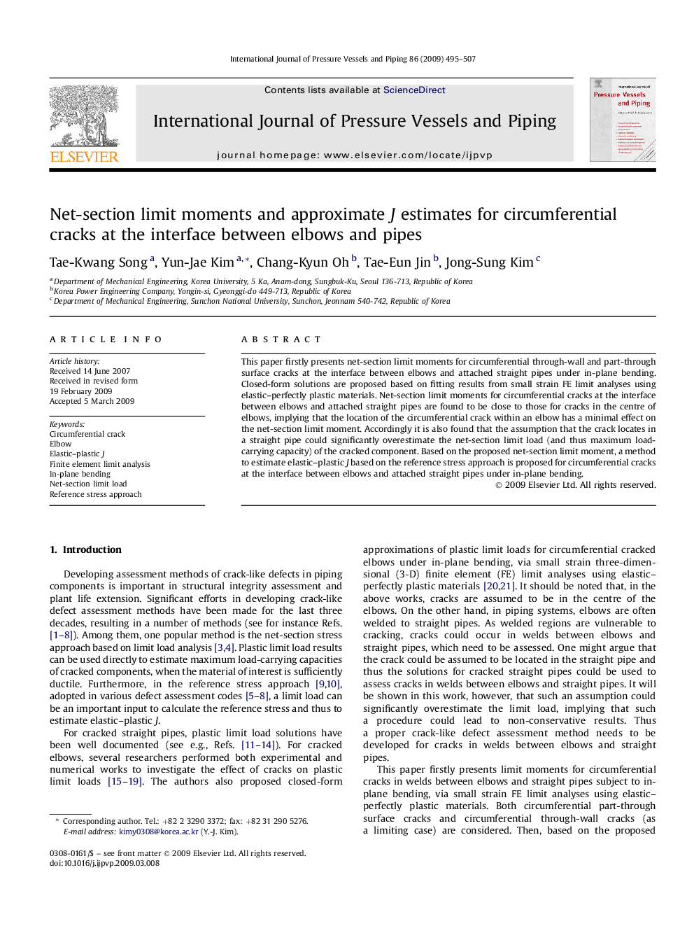 Net-section limit moments and approximate J estimates for circumferential cracks at the interface between elbows and pipes