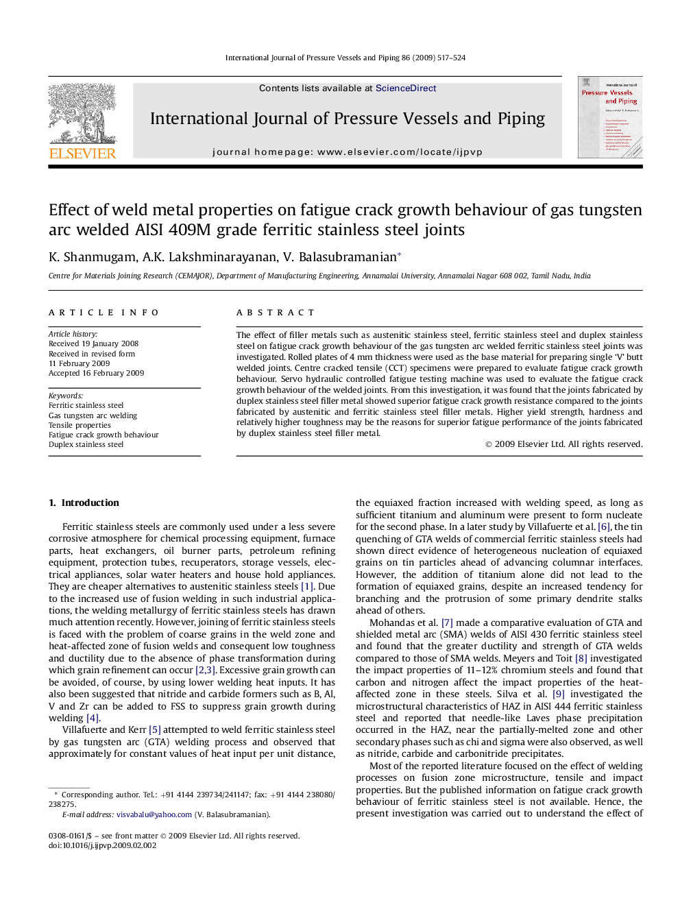 Effect of weld metal properties on fatigue crack growth behaviour of gas tungsten arc welded AISI 409M grade ferritic stainless steel joints