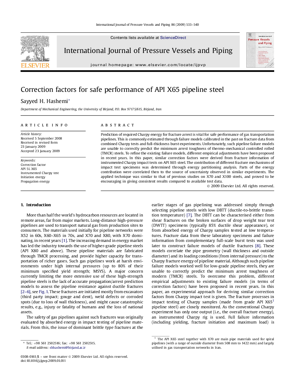 Correction factors for safe performance of API X65 pipeline steel