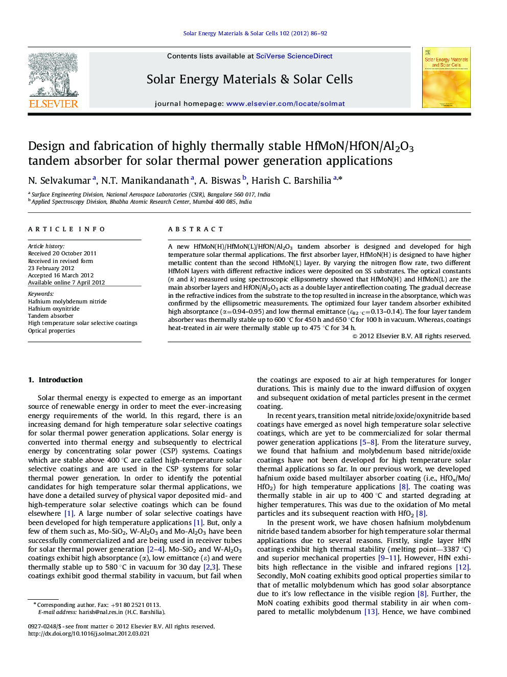 Design and fabrication of highly thermally stable HfMoN/HfON/Al2O3 tandem absorber for solar thermal power generation applications