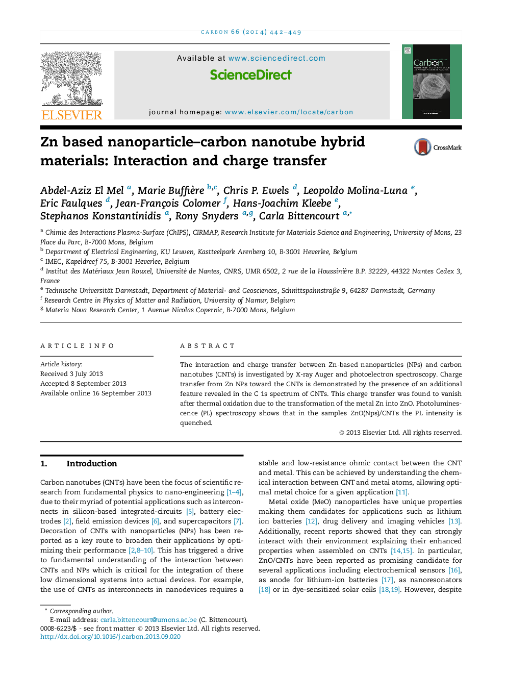 Zn based nanoparticle-carbon nanotube hybrid materials: Interaction and charge transfer