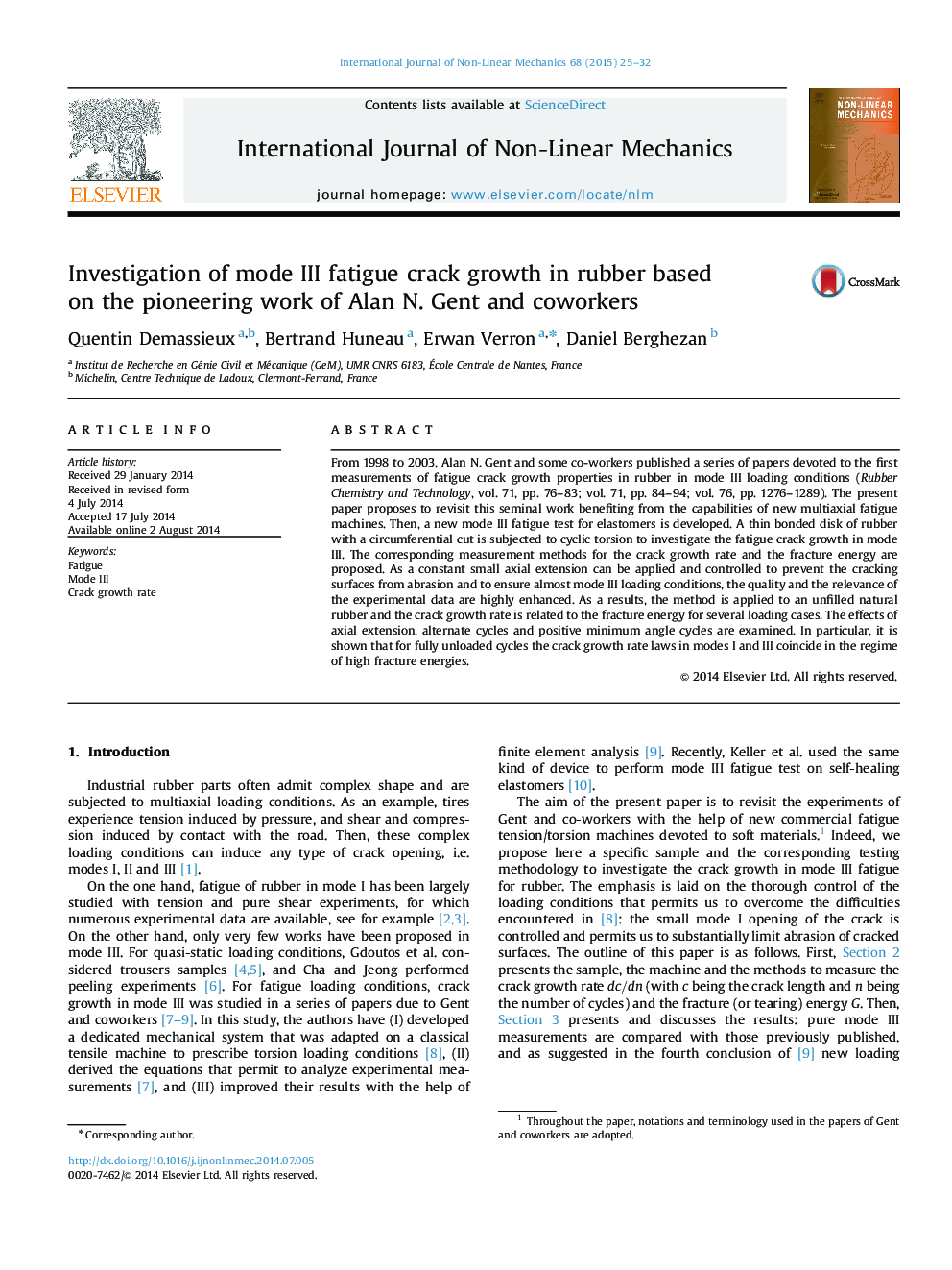 Investigation of mode III fatigue crack growth in rubber based on the pioneering work of Alan N. Gent and coworkers