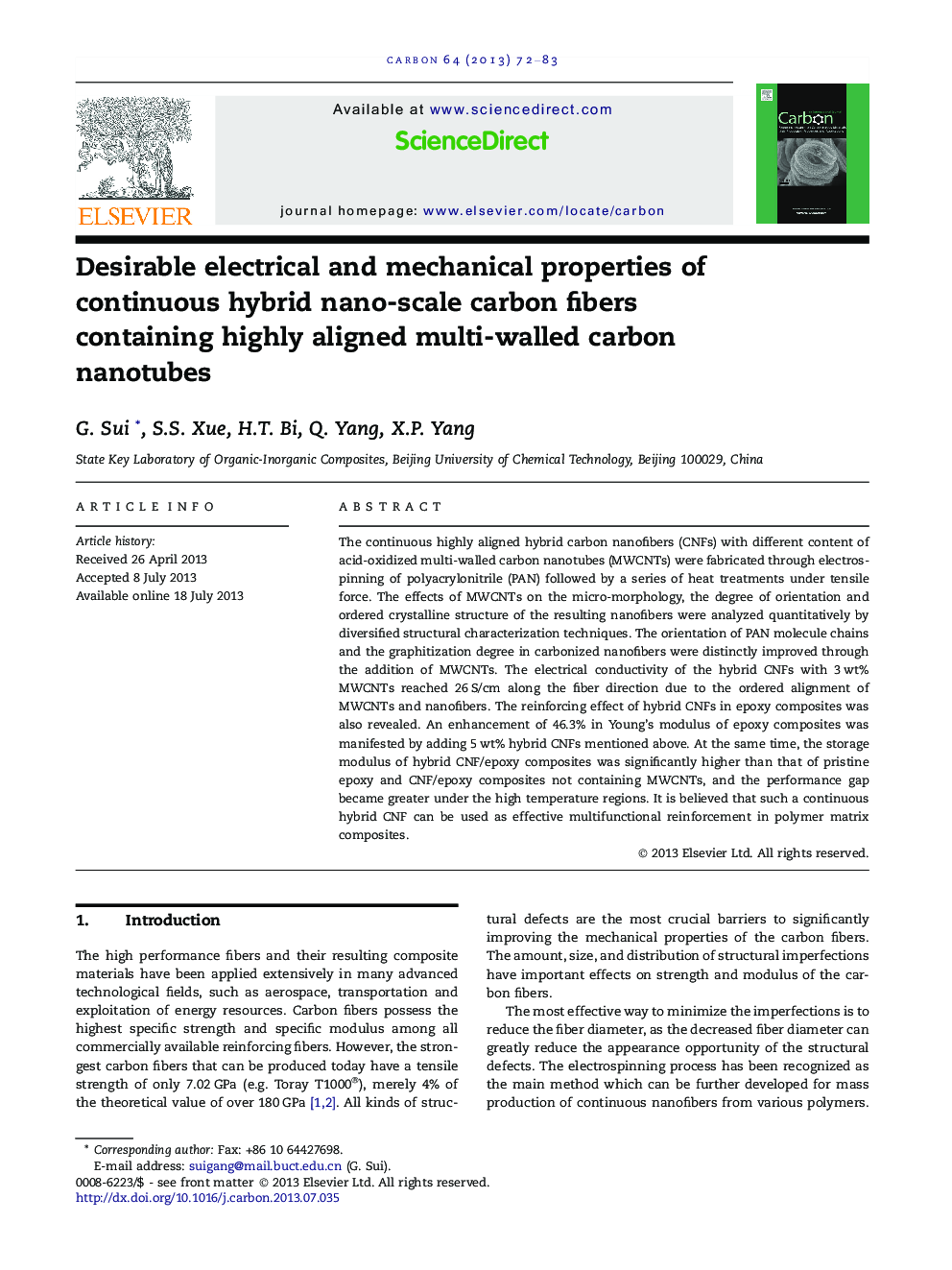 Desirable electrical and mechanical properties of continuous hybrid nano-scale carbon fibers containing highly aligned multi-walled carbon nanotubes