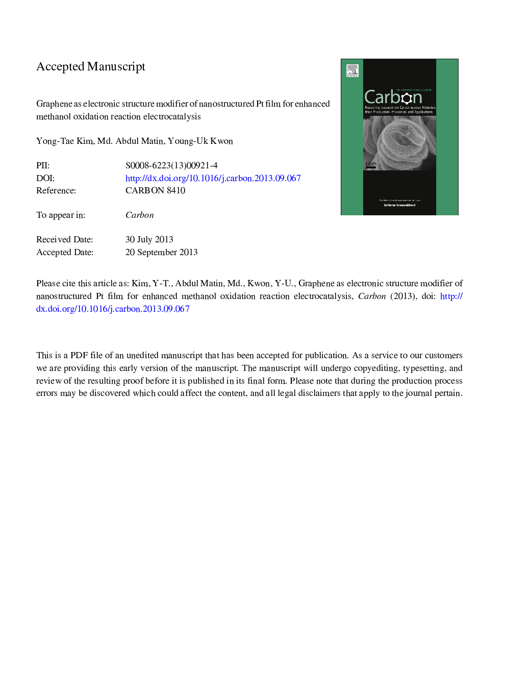 عکس صفحه اول مقاله: Graphene as electronic structure modifier of nanostructured Pt film for enhanced methanol oxidation reaction electrocatalysis Graphene as electronic structure modifier of nanostructured Pt film for enhanced methanol oxidation reaction electrocatalysis