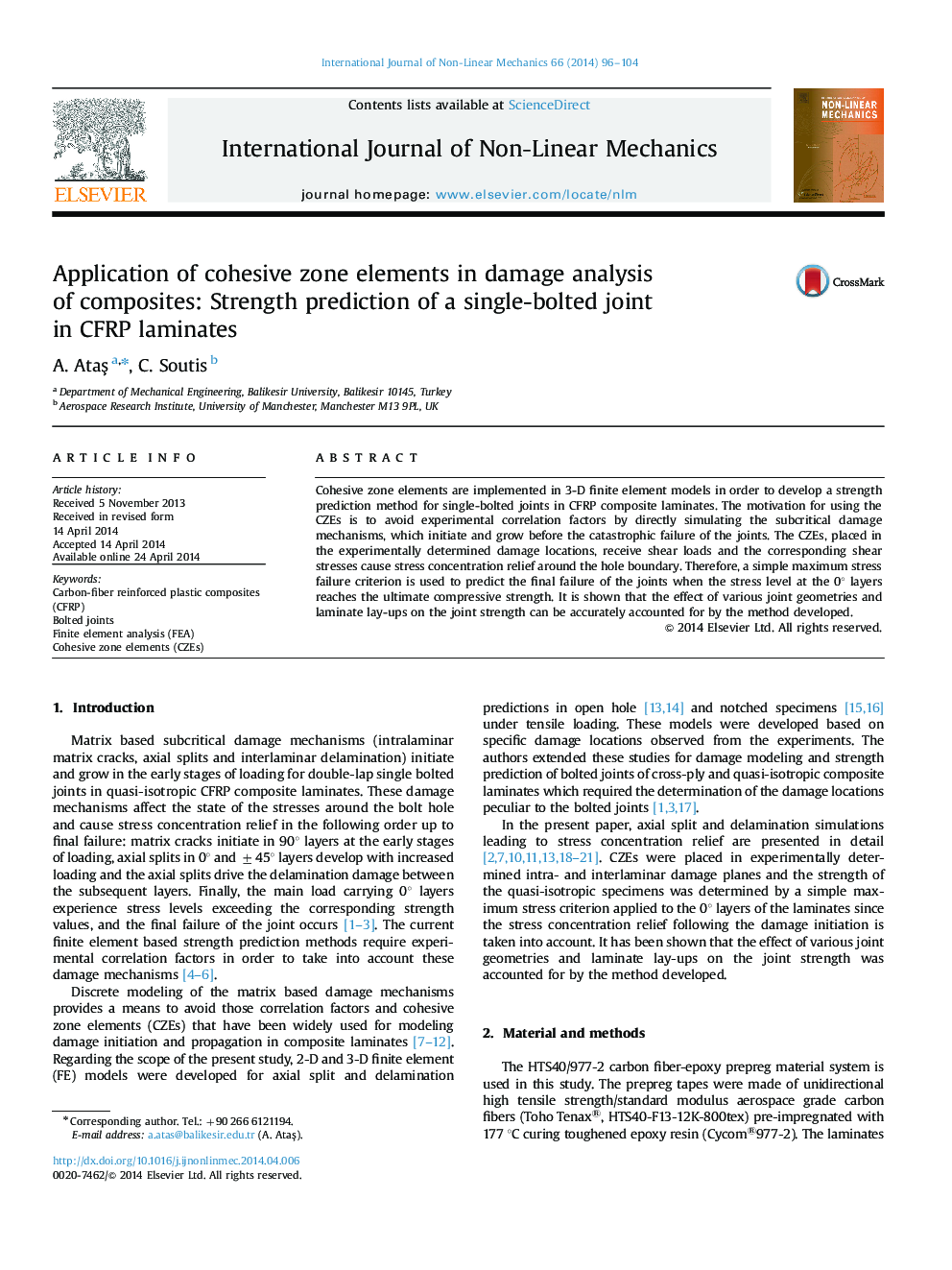 Application of cohesive zone elements in damage analysis of composites: Strength prediction of a single-bolted joint in CFRP laminates