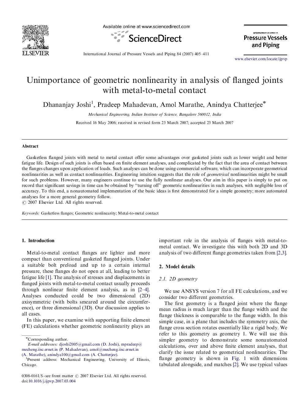 Unimportance of geometric nonlinearity in analysis of flanged joints with metal-to-metal contact