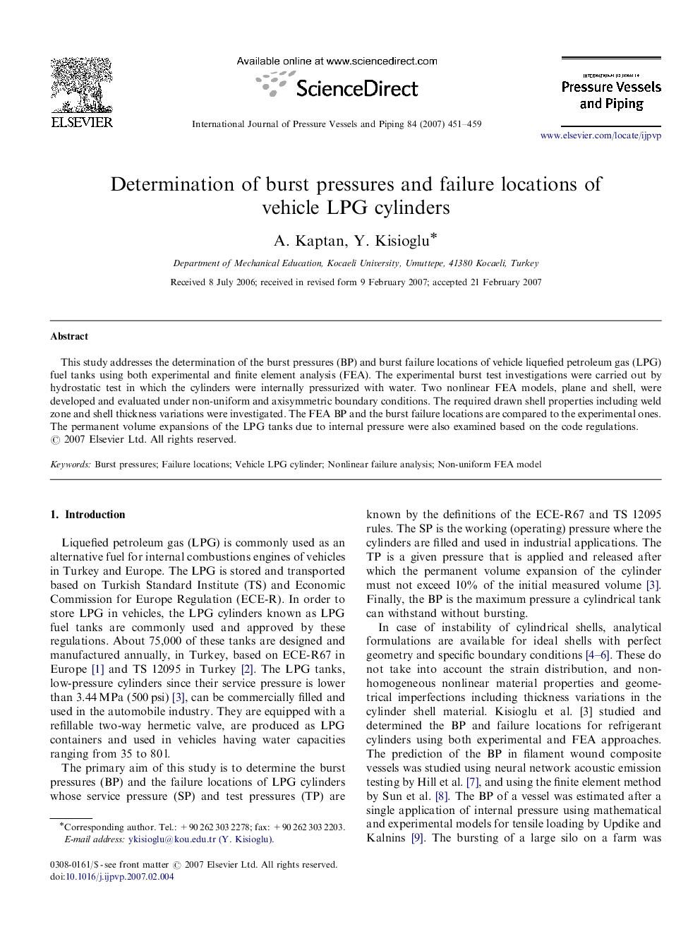 Determination of burst pressures and failure locations of vehicle LPG cylinders